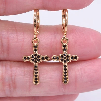 18K Yellow Gold Filled Women Black Mystic Topaz Cross Dangle Earrings Jewelry - Image 1 of 4