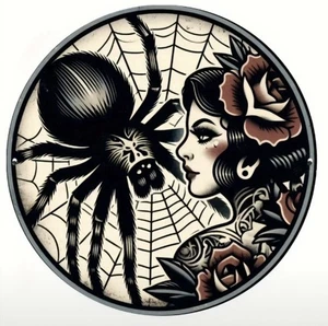 Vintage Retro Theme Tattoo Art Black Widow Round Metal Hanging Sign 8x8” - Picture 1 of 1