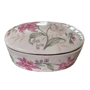 PRIMA OTAGIRI Vintage Porcelain Trinket Box Floral Oval 2 3/4”x 1 1/2” Japan - Picture 1 of 5