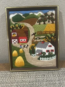 Vintage Crewel bestickt Bauernhof Szene Scheune Haus 12” x 15” - Bild 1 von 5