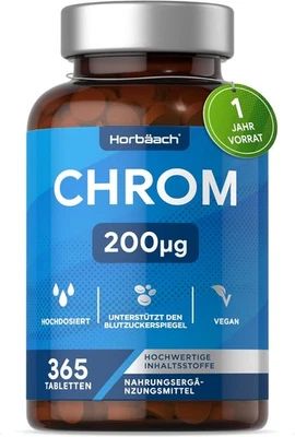 HORBÄACH Chrom Tabletten 200 mcg Reines Chromium Picolinate | 1 Jahr Vorrat - 365 Vegan