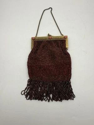 Art Deco Enamel Frame 1930s Antique Red Beaded Purse Flapper Bag Loopy Fringe - Image 1 of 4