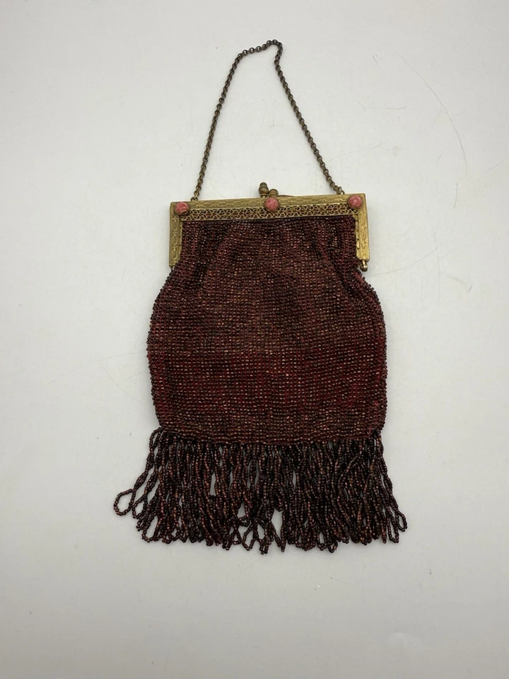 Art Deco Enamel Frame 1930s Antique Red Beaded Purse Flapper Bag Loopy Fringe - Image 1 of 4