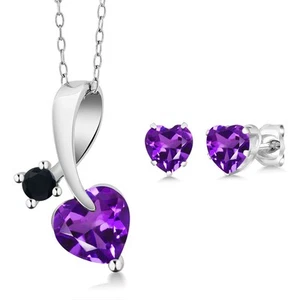 925 Silver Amethyst and Onyx Heart Shape Pendant and Earrings Jewelry Set For - Picture 1 of 2