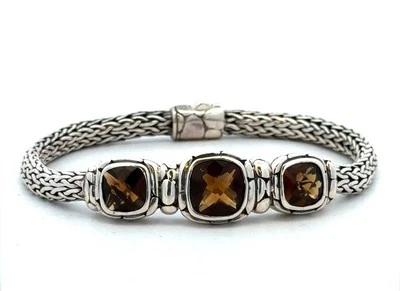 Brazalete John Hardy Plata de Ley 925 Cuarzo Ahumado 3 Piedras Batu Kali 6.5" Foto 1 de 4