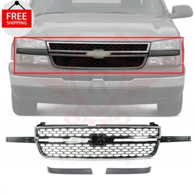 New Front Grille + Molding Trims Chrome Fits 2003-2006 Chevrolet Silverado 1500 - Изображение 1 из 4