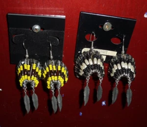 Handmade Safety Pin Native American Headdress Beaded Dangle Earrings Black - Picture 1 of 5