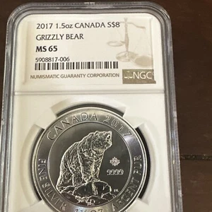 2017 $8 Canada Grizzly Bear Queen Elizabeth Silver Coin 1.5oz  NGC MS65 - Picture 1 of 3