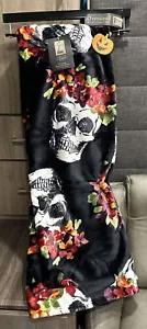 Cynthia Rowley Curious Halloween Throw Blanket Sugar Skulls w/ Crown of Flowers - Picture 1 of 6