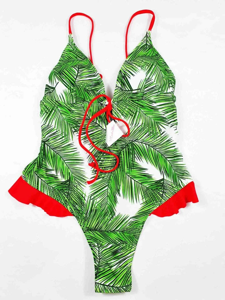 Costume da bagno donna intero monokini verde a triangolo con volant brasiliana - Immagine 1 di 4