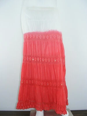 Saia ELEMENTZ branca/vermelha de algodão renda forrada em camadas boho longa tamanho XL - W45-48" - Imagem 1 de 4