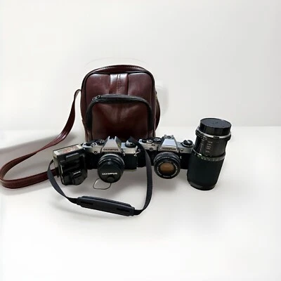 Vintage Olympus OMG & OM-10 Film Camera Collection w/ External Flash, Lens, Bag - Image 1 of 4