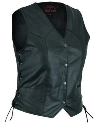 Women Motorcycle Leather Vest With Side laces Multifunctional Pockets Black - Image 1 of 4