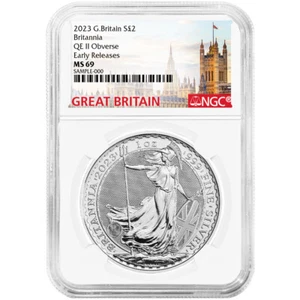 2023 U.K. 2 Pound Silver Britannia .999 1 oz NGC MS69 ER Great Britain Label - Picture 1 of 2