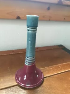 Estate Rickie Woods Potter Signed Cranberry & Aqua Glazed Pottery Candle Stick H - Picture 1 of 6