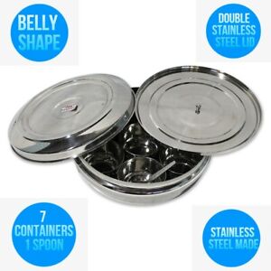 Stainless Steel Indian Herb Spice Tin Box Masala Dabba WITH double LID & 7 POTSM