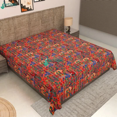 Queen Size Red Farida print Handmade Kantha Quilt Cotton Blanket Bedspread - Image 1 of 4