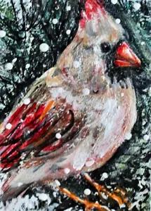 ORIGINAL ACEO BIRD Painting Female Northern CARDINAL Winter Nature Snow ATC ART - Picture 1 of 1