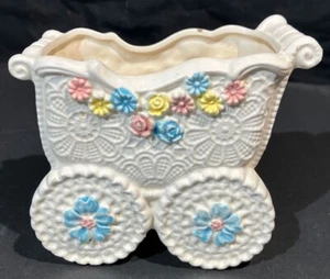 VINTAGE BABY CARRIAGE CERAMIC PLANTER C-8289 PASTEL FLOWERS - Picture 1 of 10