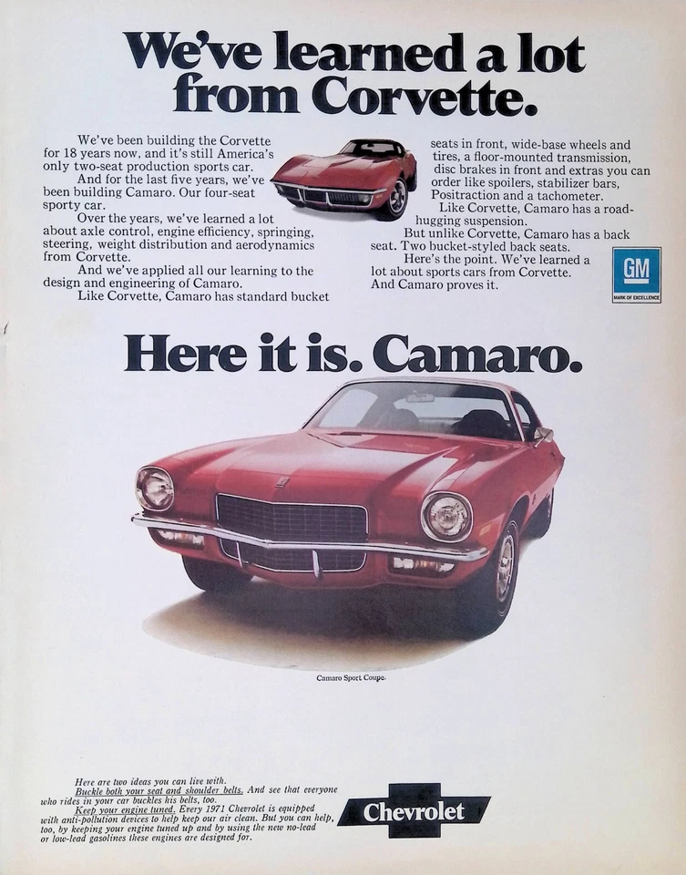 Anuncio impreso vintage años 70 rojo Chevrolet Camaro Sport Coupe Corvette Foto 1 de 1