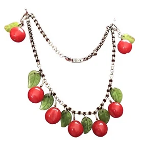 Necklace + Earrings Vintage Retro Classic Hardware Red Cherries and Green Leaves - Picture 1 of 7