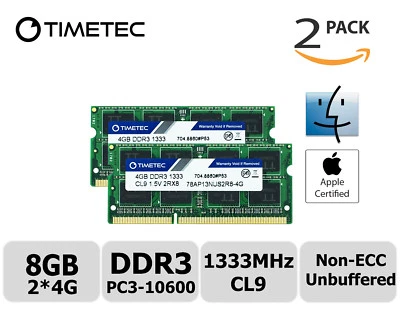 Timetec 2x4GB DDR3 1333MHz PC3-10600 Non-ECC 1.5V 2Rx8 SODIMM Apple Memory RAM - Image 1 of 2