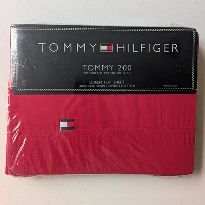 Sábana plana Tommy Hilfiger Queen rojo cardenal 100 % algodón Foto 1 de 4