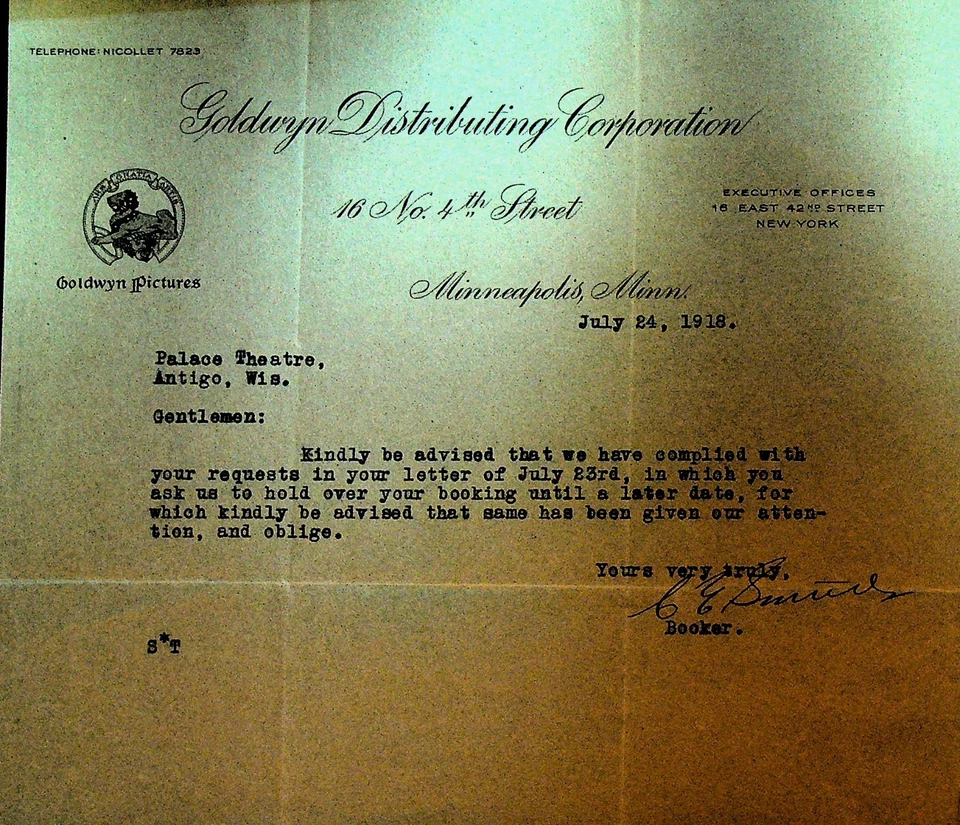 Carta intestata distribuzione Goldwyn 24 luglio 1918 Palazzo Teatro Antigo Wisconsin - Immagine 1 di 1
