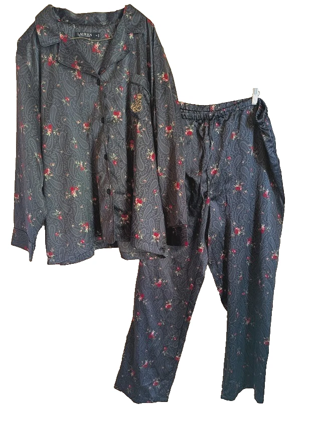 Conjunto de Pijama Ralph Lauren Para Mujer Talla 2X Botón Corona Logo Top Pantalones Sedoso Lujo Foto 1 de 4