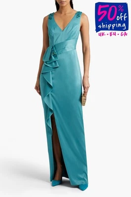 PVP €930 MARCHESA NOTTE Vestido US6 UK10 IT42 M Azul Cuello en V Abertura Volantes Foto 1 de 4