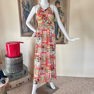 Vintage 1970s Maxi Dress Persian Paintings Novelty Print Nightgown S/M - Picture 1 of 13