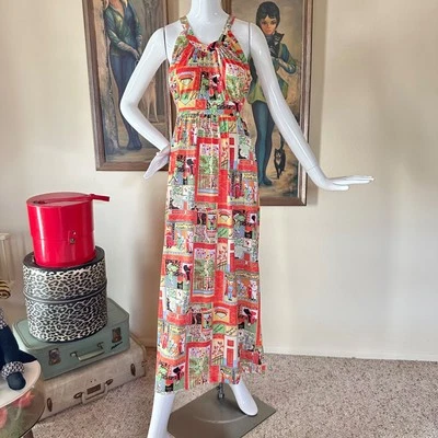 Vintage 1970s Maxi Dress Persian Paintings Novelty Print Nightgown S/M - Image 1 of 4