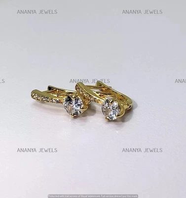 Женские серьги-кольца круглой огранки 1,25 карата с покрытием из настоящего желтого золота 14 карат - Изображение 1 из 4