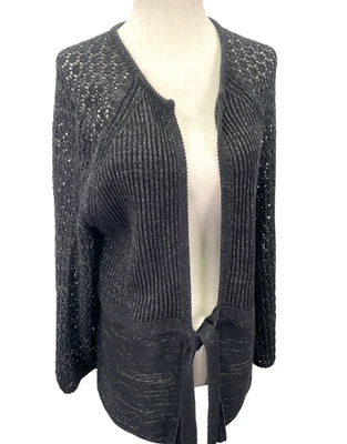 Suéter Tahari Mujer XL Negro Dorado Cárdigan Abierto Tejido Metálico Corbata Cintura $178 Foto 1 de 4