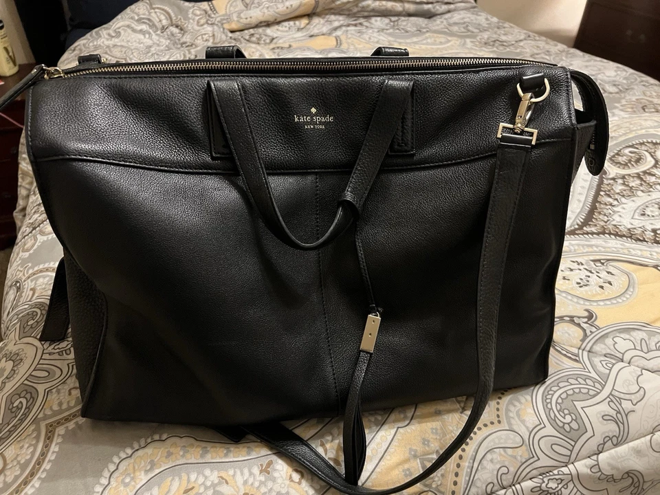 Kate Spade Black Pebble Leather Duffle Black Weekender Travel Crossbody Bag Tote - Image 1 of 4
