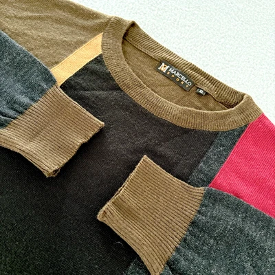 Винтажный мужской свитер Marcello Sport XL шерстяная смесь цветной блок геометрический пуловер - Изображение 1 из 4