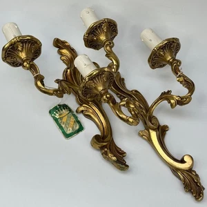 VINTAGE FRENCH PAIR OF ORNATE LARGE DOUBLE SCONCES, BRASS ELECTRIC WALL LIGHTS - Picture 1 of 23