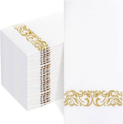 50Pcs Disposable White Gold Paper Napkins Cloth-Like Feel Dinner Wedding Party - Image 1 of 4