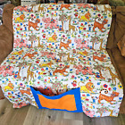 Home Made Childs Blanket Retro Safari Animals 1960s Vtg Fabric Blue Orange Footy