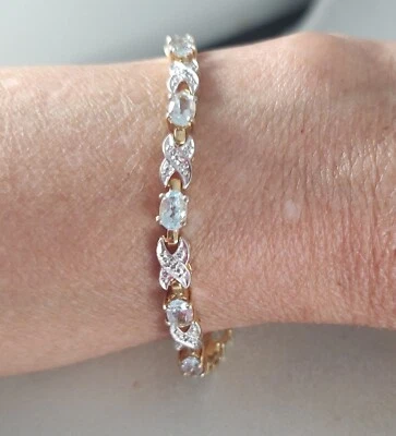 Brazalete de diamantes aguamarina simulada enchapado en oro de plata esterlina CISS de 7,5 pulgadas Foto 1 de 4