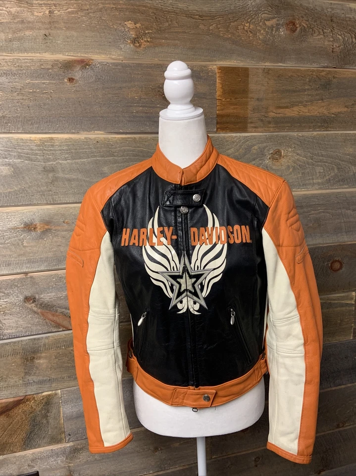 Harley Davidson Mujer RAPID CITY Naranja Negro Star Racing Chaqueta de Cuero Pequeña Foto 1 de 4