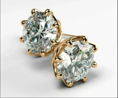 Aretes solitarios de diamantes de corte redondo de 4 quilates enchapados en oro amarillo de 14 quilates Foto 1 de 2