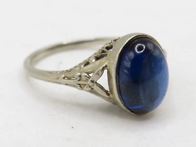 ANTIGUO ANILLO FILIGRANA ORO BLANCO 18k con 2.0cts LAB CREADO ZAFIRO AZUL TAMAÑO: 5* Foto 1 de 4