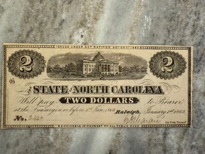 1863 N.C. $2; Civil War Currency (AU/AU+) - Picture 1 of 5