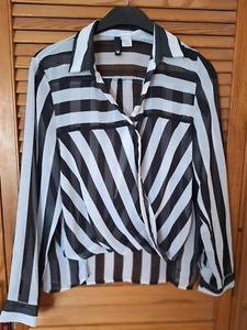 Sheer Stripe Cropped Blouse, H&M, Size 14, Long Sleeve, Black & White - Picture 1 of 4