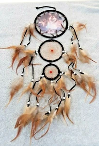 Vintage Wolf Dreamcatcher 6" Wide x 14" Long Leather Feathers Beads Hand Crafted - Picture 1 of 5