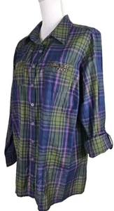 Dressbarn ~Woman Plus Size 1X~ Green/Pink Plaid Button-Up Long Sleeve Shirt Top. - Picture 1 of 9