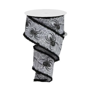 Spiders & Webs Silver Halloween Wired Ribbon - 1 1/2" x 10 Yards, Black & White - Picture 1 of 1