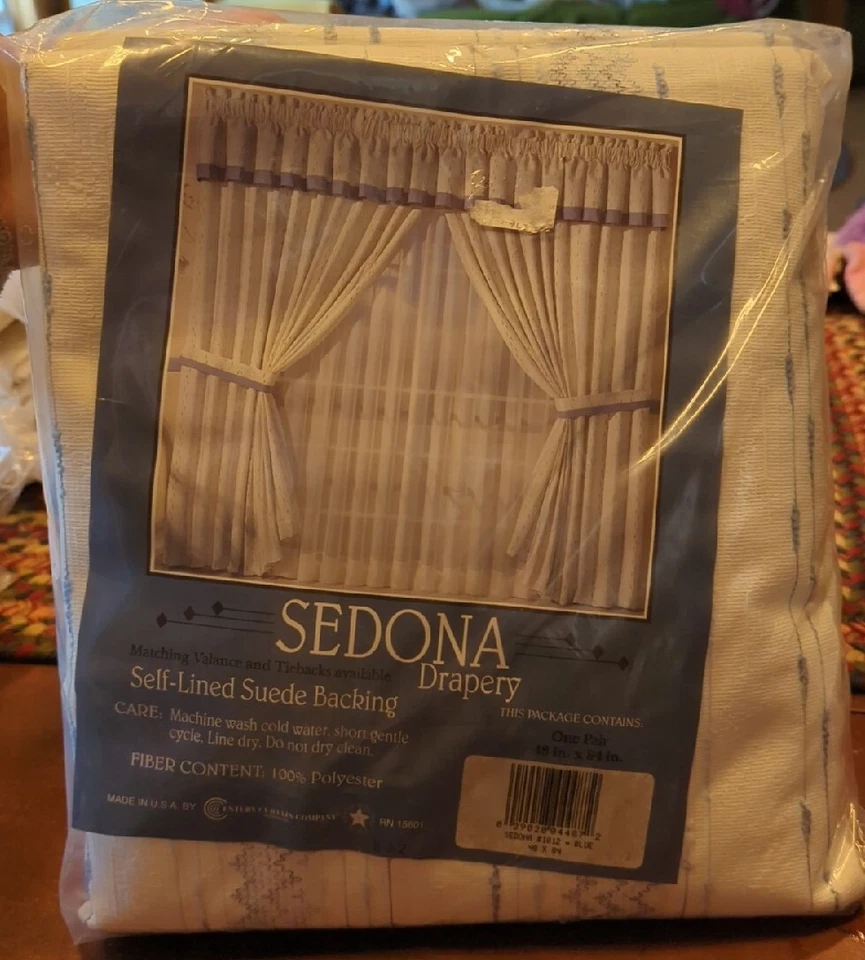 De colección Nuevo Sedona Cortinas Un Par 48 X 84" Blanco Con Acentos Azules 100% Poliéster Foto 1 de 4