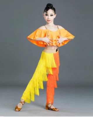 1set Children Tassel Latin Dance Costumes Girls National Standard Modern Dancing - Image 1 of 4